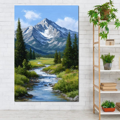 Alpine Peak River Meadow Sky Canvas Wall Art