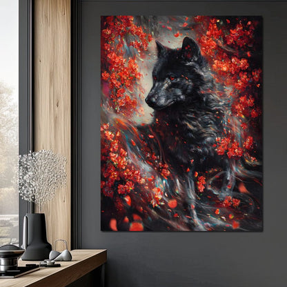 Black Wolf Rose Petal Storm Canvas Wall Art