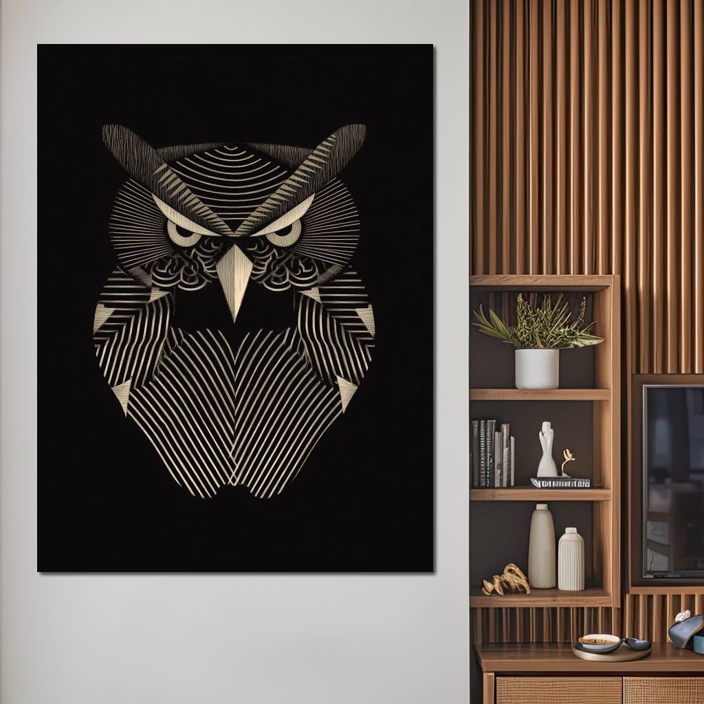 Golden Geometric Owl Guardian Canvas Wall Art