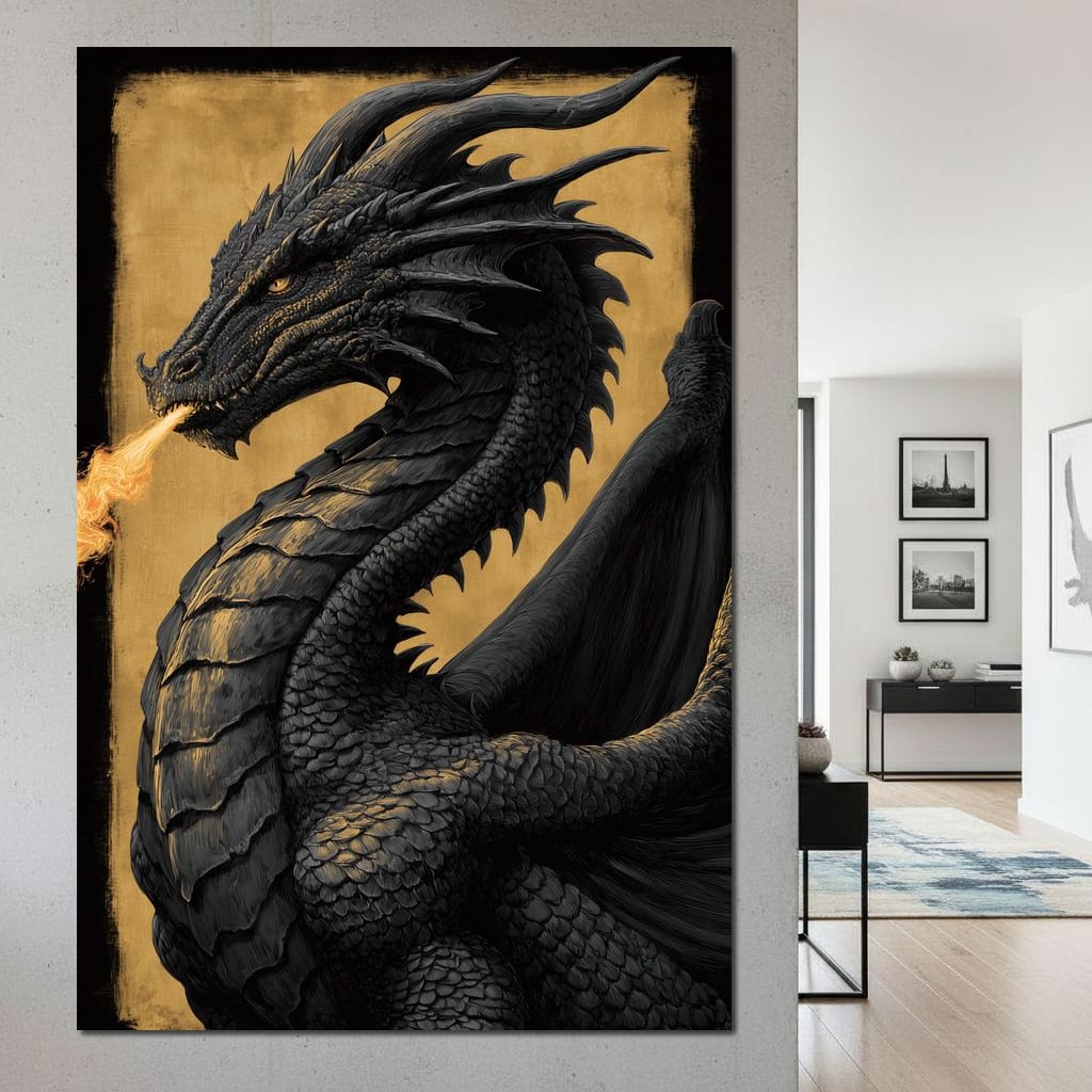 Golden Firebreath Dragon King Canvas Wall Art