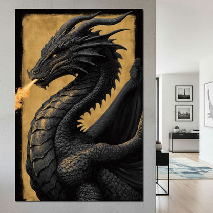 Golden Firebreath Dragon King Canvas Wall Art