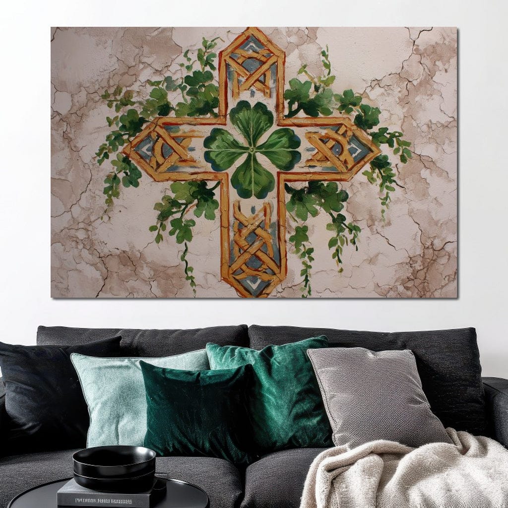 Celtic Cross Clover Wreath Canvas Wall Art