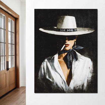 Noir Cowgirl Smoking Portrait Canvas Wall Art