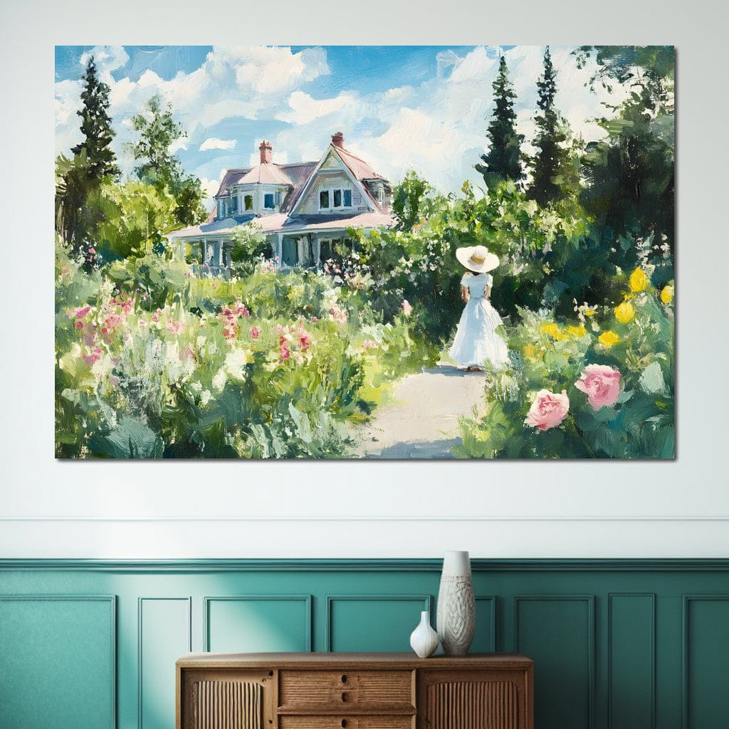 Sunlit Garden By Victorian House Canvas Wall Art