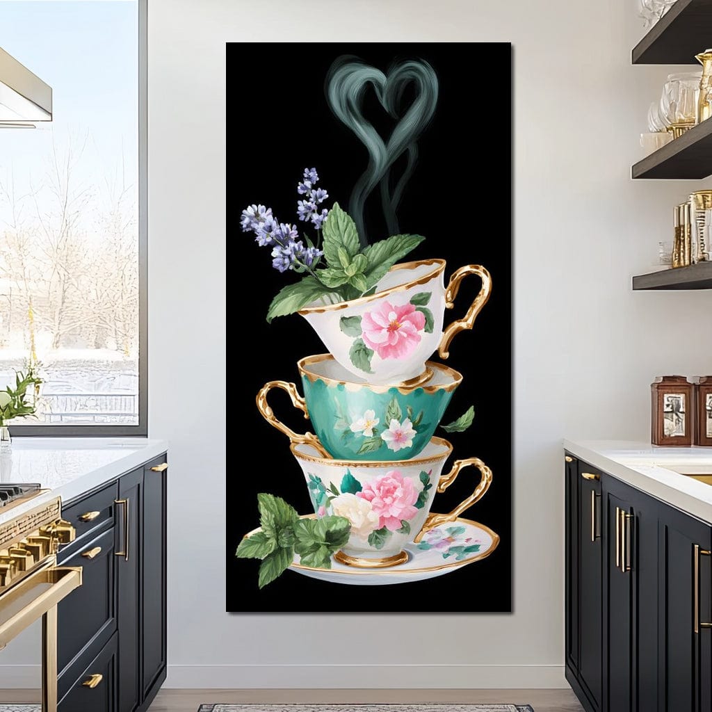 Golden Teacups Botanical Romance Canvas Wall Art