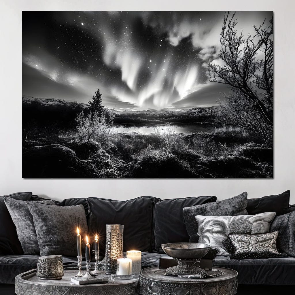 Monochrome Celestial Night's Embrace Canvas Wall Art