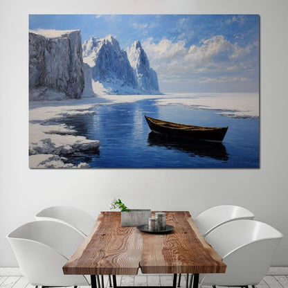 Silent Boat on Frozen Fjord Canvas Wall Art