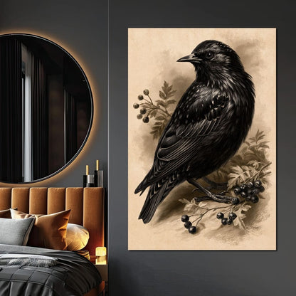 Solitary Starling Perched Upon Hawthorn Branch Canvas Wall Art