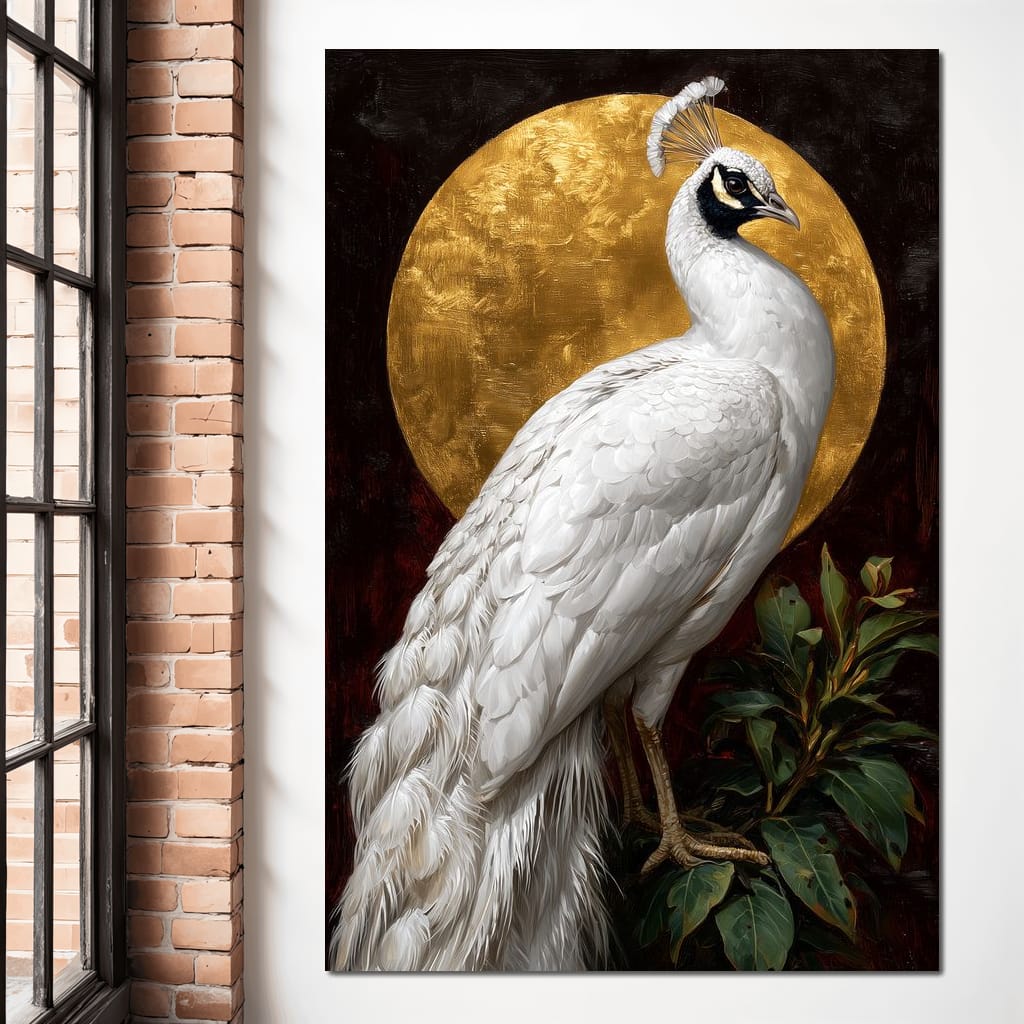Golden Halo White Peacock Pose Canvas Wall Art