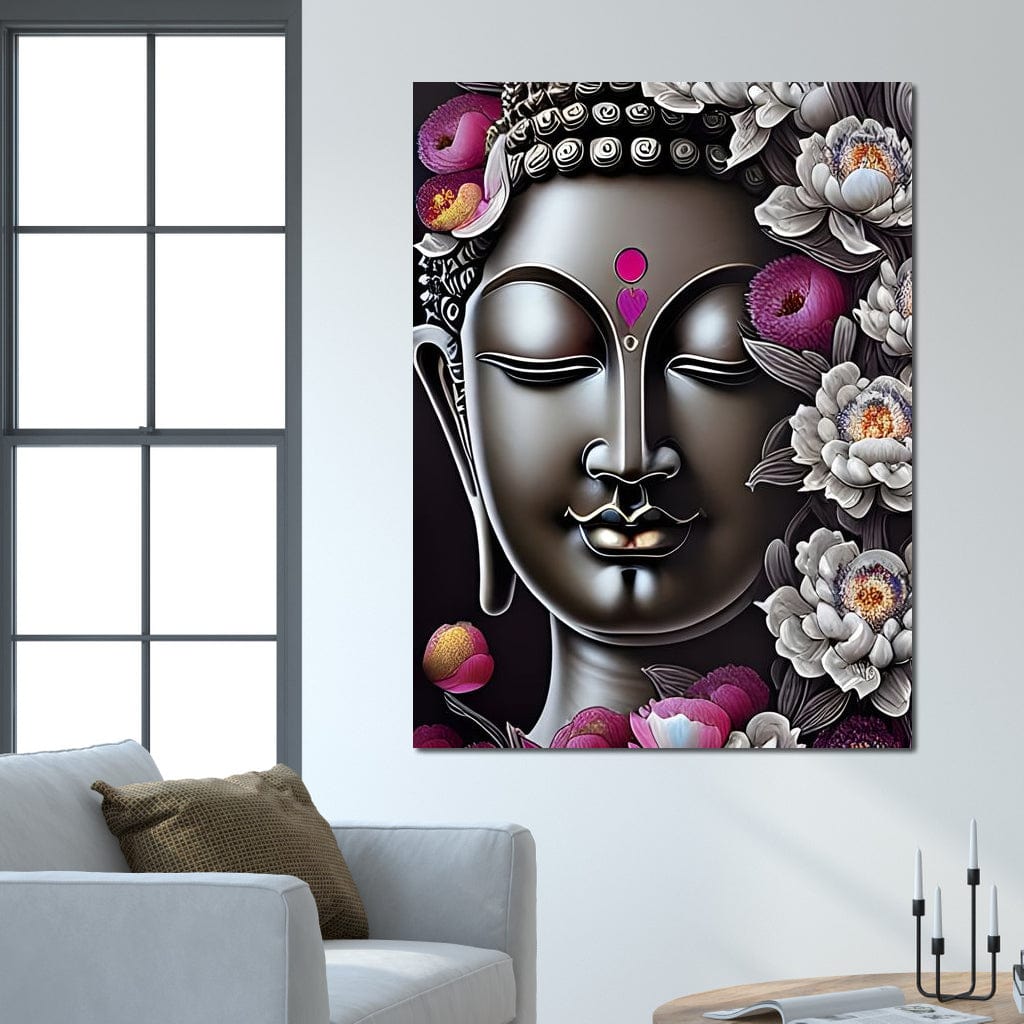 Buddha & Flowers Grey Canvas Wall Art