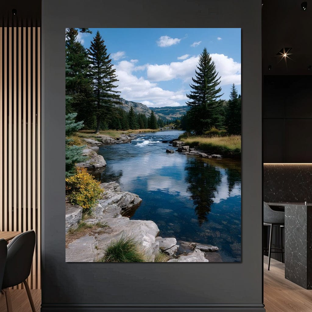 Mountain River Pines Reflection Canvas Wall Art