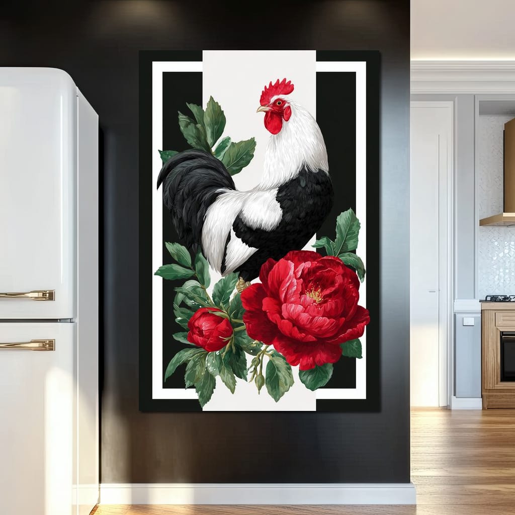 Rooster With Peony Garden Canvas Wall Art
