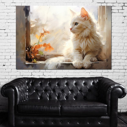 White Cat Sitting on Windowsill Canvas Wall Art