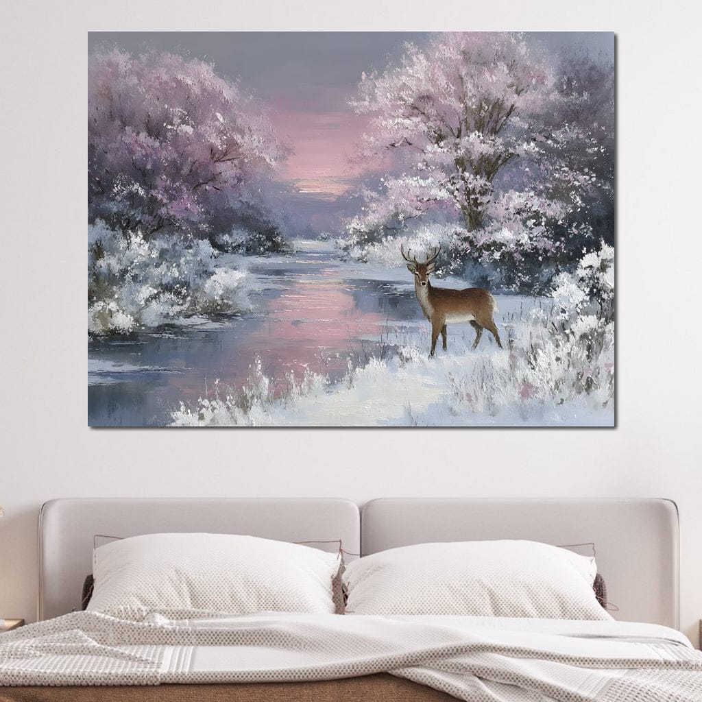 Winter River Deer Sunset Glow Canvas Wall Art