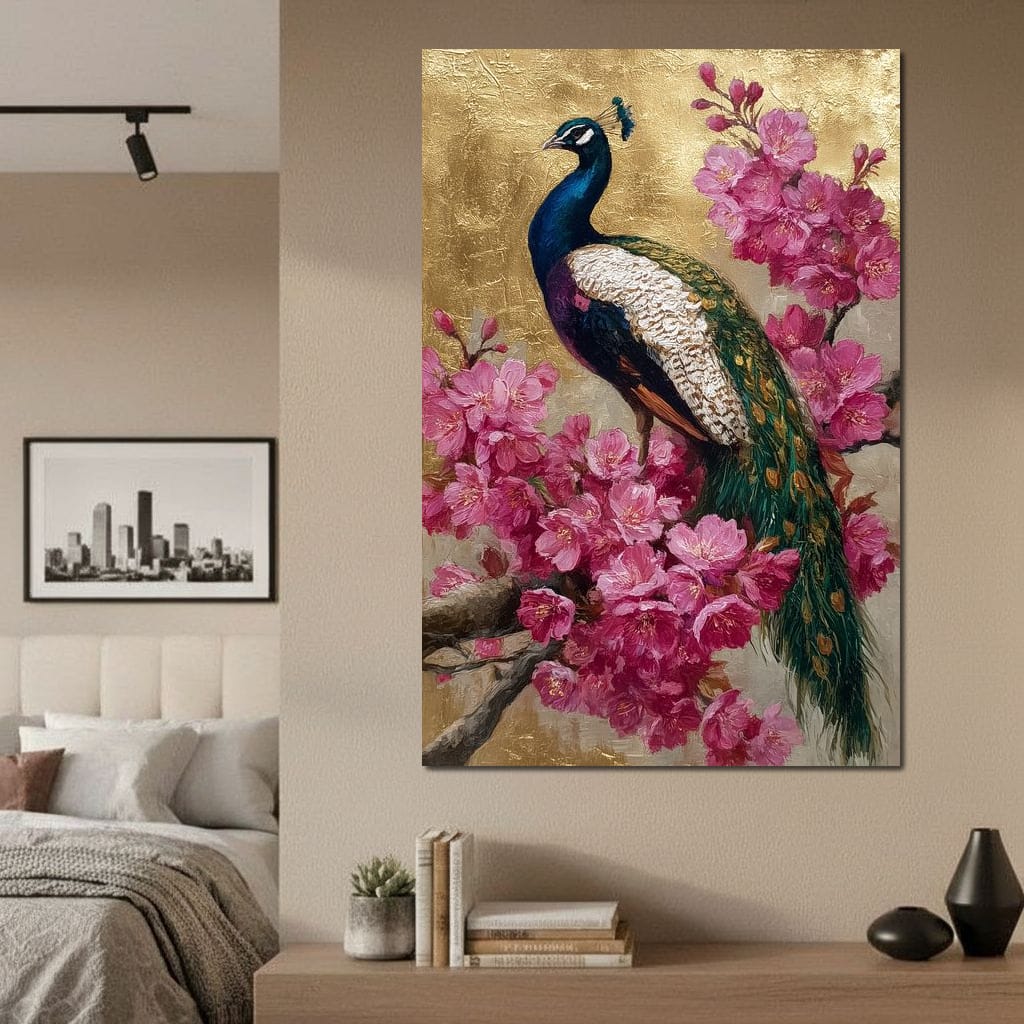 Golden Peacock Cherry Blossom Canvas Wall Art