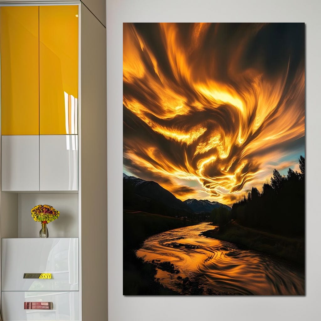 Golden Skies Over River Glow Canvas Wall Art