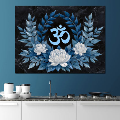 Om Symbol Blue Lotus Wreath Canvas Wall Art