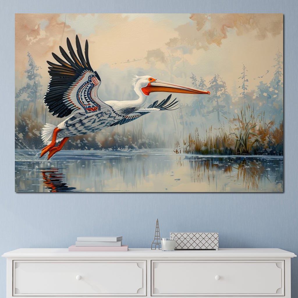 Ethereal Pelican's Graceful Glide Canvas Wall Art