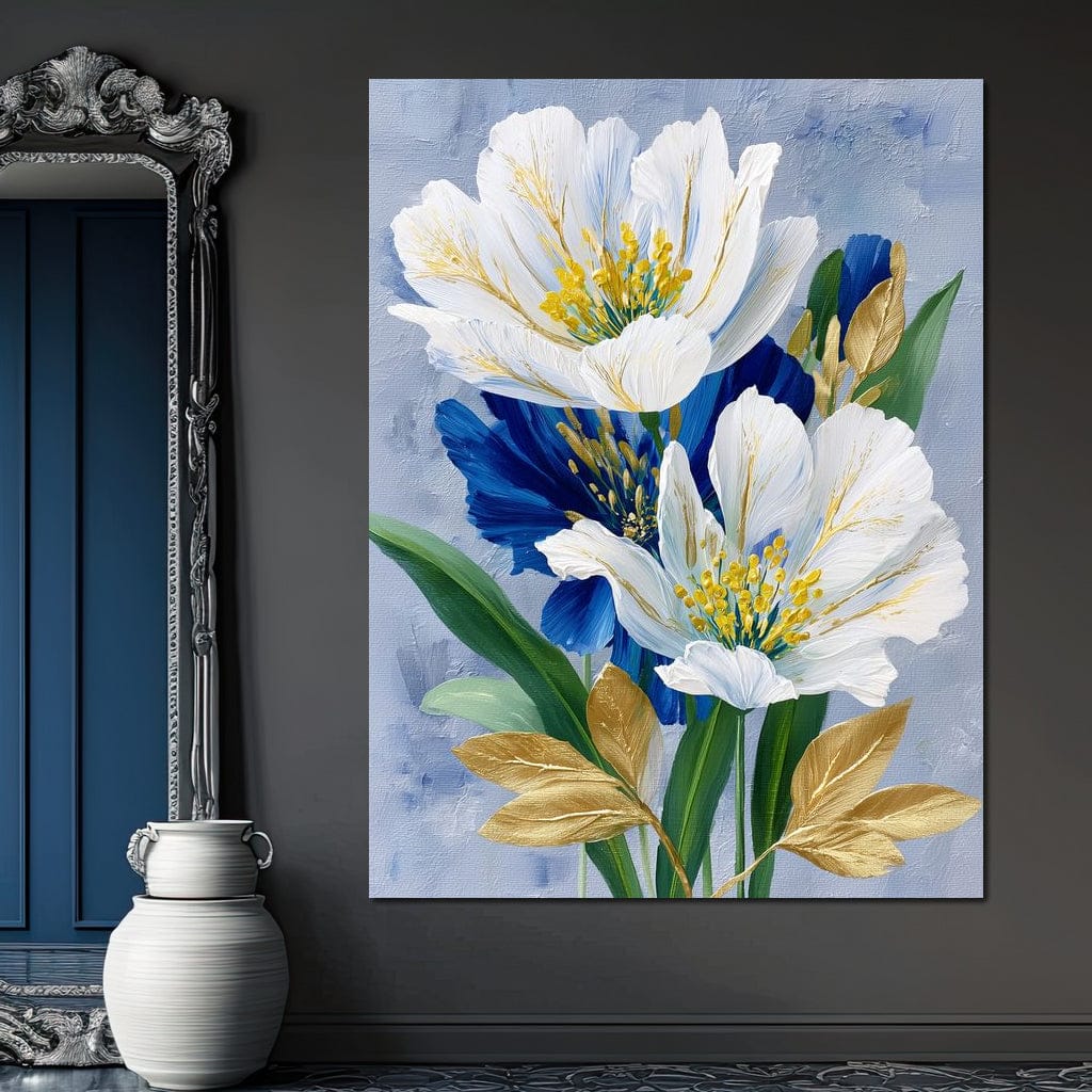 White Peony Blue Petals Gold Canvas Wall Art