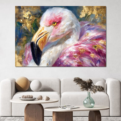 Golden Pink Flamingo Portrait Canvas Wall Art