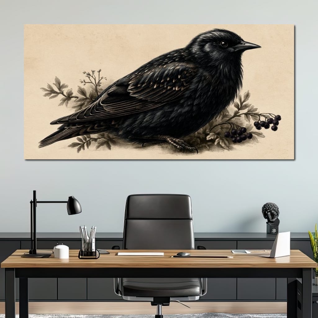 Solitary Starling Perched Upon Wild Berries Canvas Wall Art