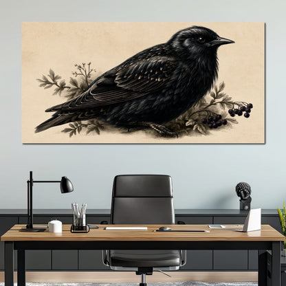 Solitary Starling Perched Upon Wild Berries Canvas Wall Art