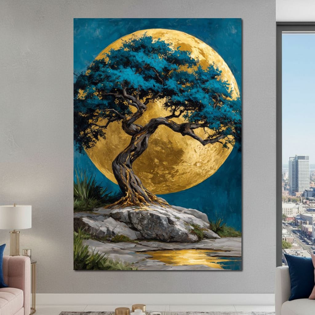 Golden Moonlit Tree Reverie Canvas Wall Art
