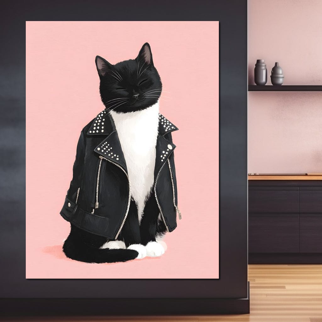 Biker Cat Attitude On Soft Pink Canvas Wall Art