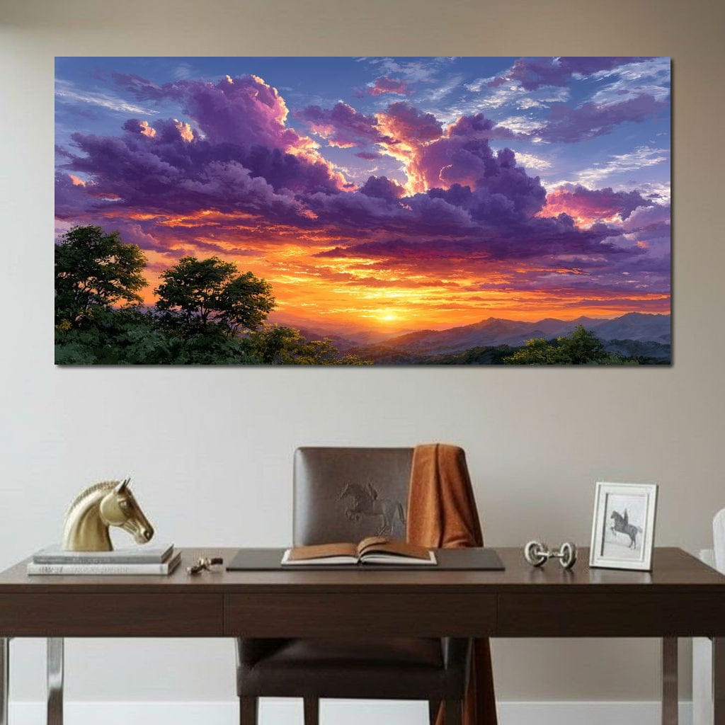 Golden Mountain Sunset Clouds Sky Canvas Wall Art