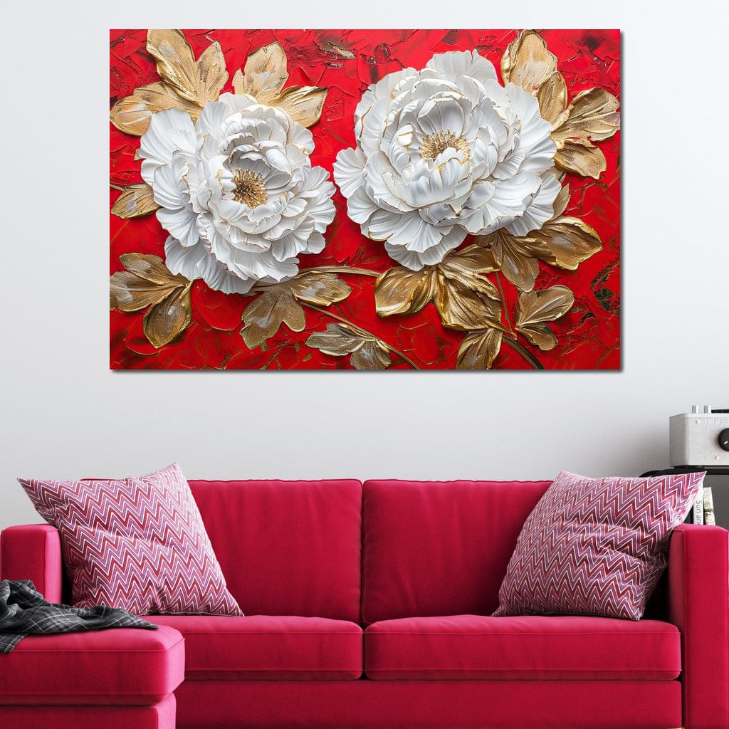 Golden Petals on Ruby Waves Canvas Wall Art