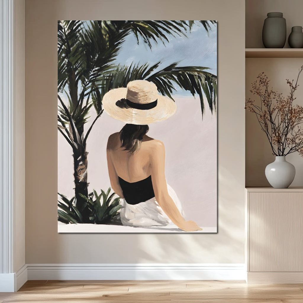 Coastal Palm Retreat Woman Hat Canvas Wall Art