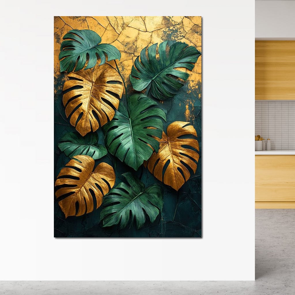Golden Monstera Leaves Canvas Wall Art
