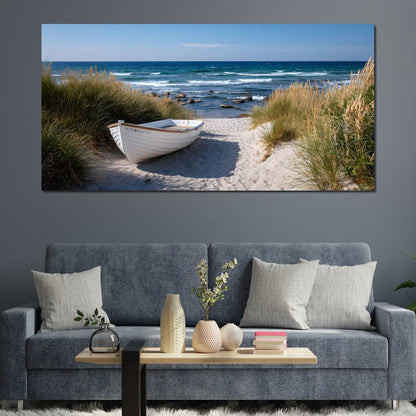 White Rowboat Coastal Dunes Canvas Wall Art