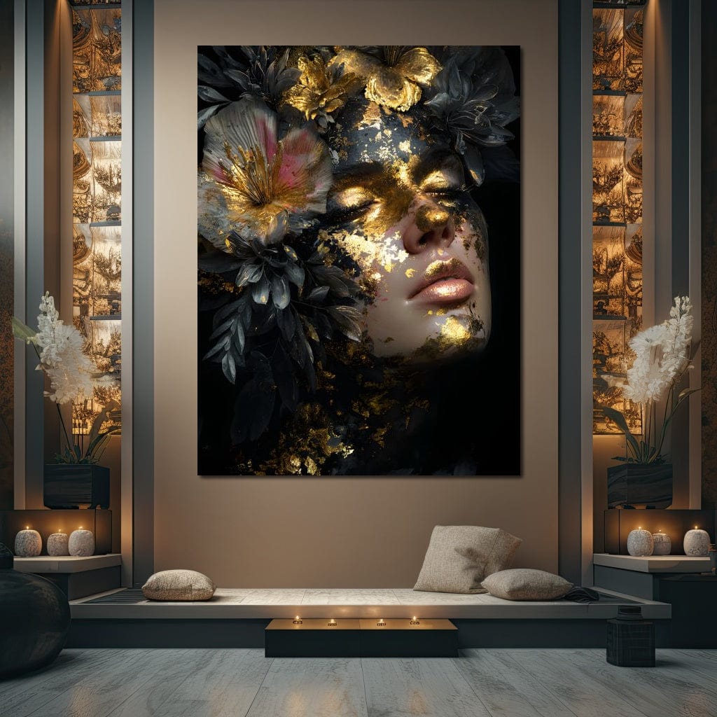 Golden Reverie Floral Visage Canvas Wall Art