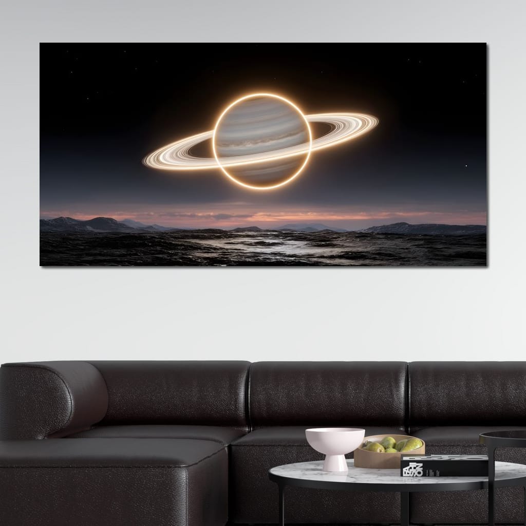 Luminous Saturn Over Alien Sea Canvas Wall Art