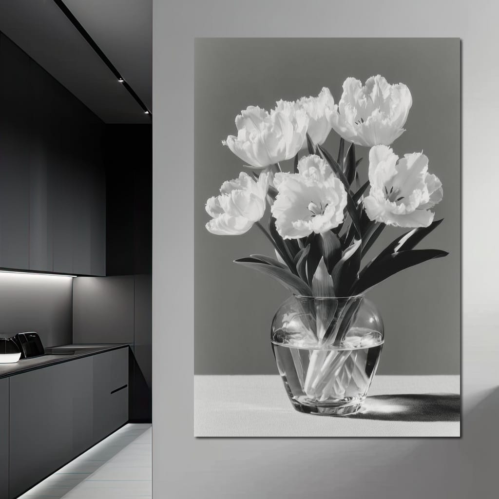 Monochrome Tulips Glass Vase Canvas Wall Art