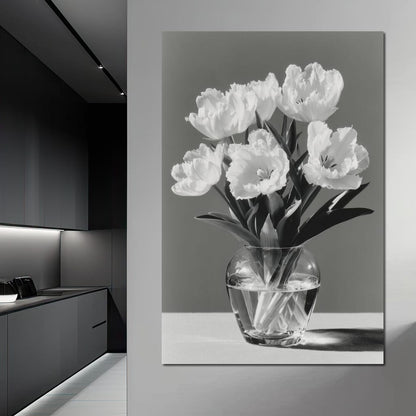 Monochrome Tulips Glass Vase Canvas Wall Art