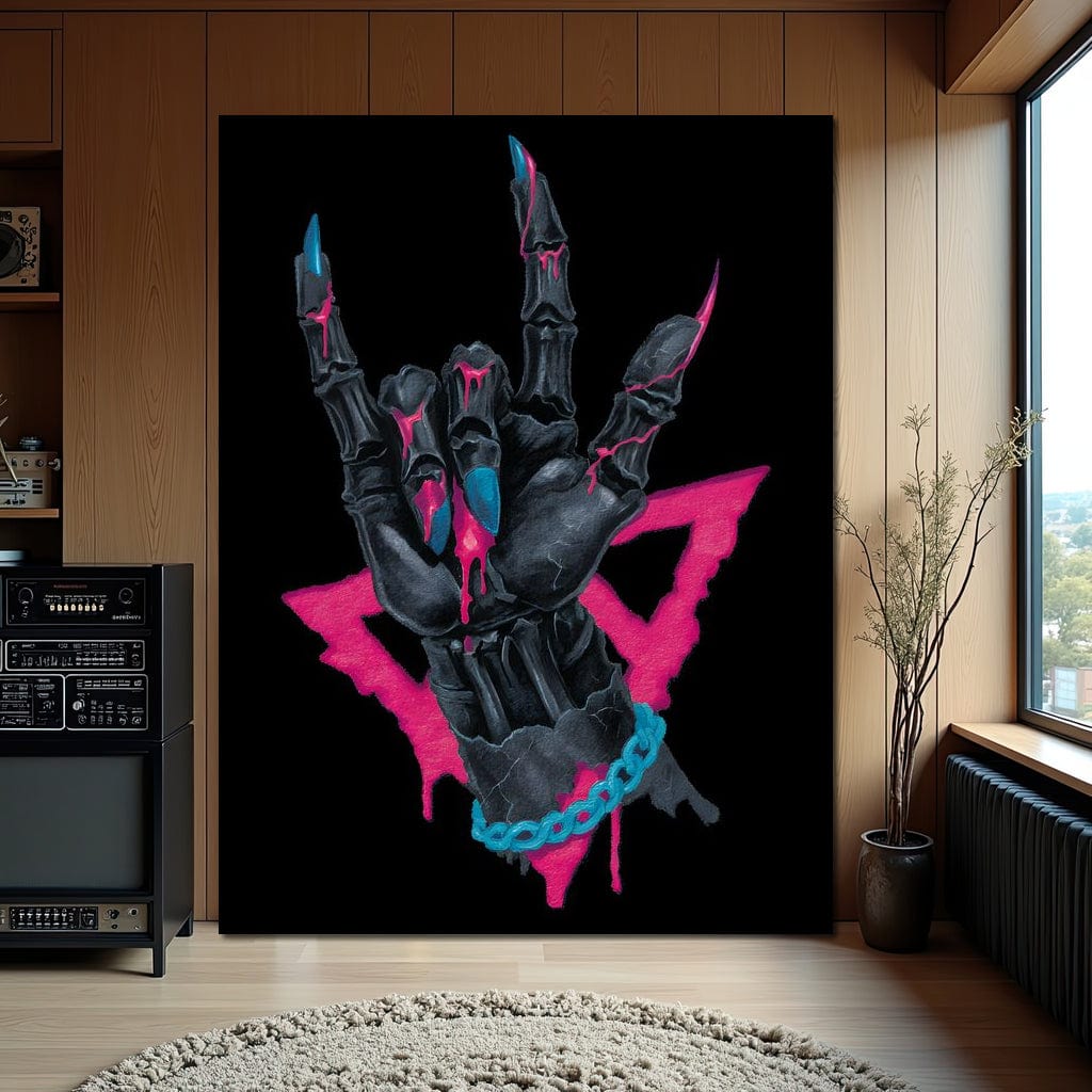 Neon Skeleton Rock Hand Sign Canvas Wall Art