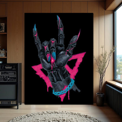 Neon Skeleton Rock Hand Sign Canvas Wall Art