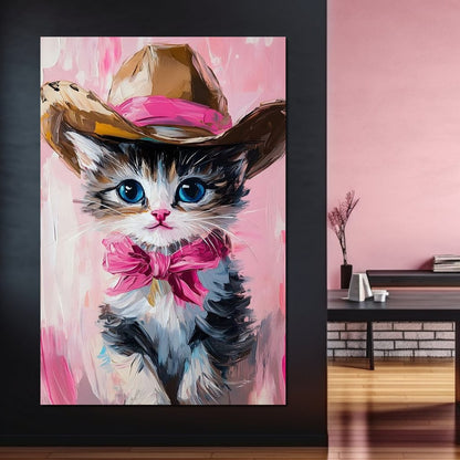 Cowboy Kitten Pink Bow Charm Canvas Wall Art