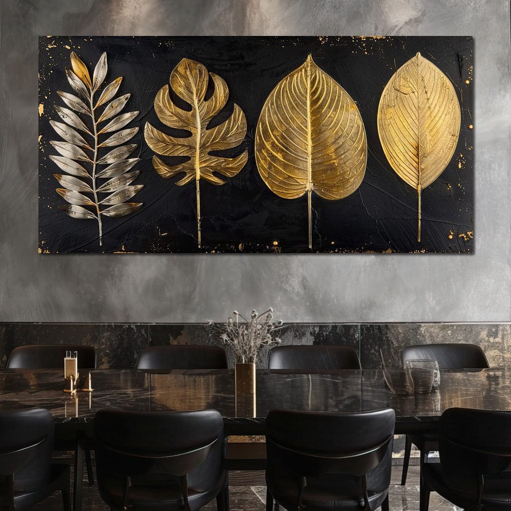 Golden Leaves on Black Background Canvas Wall Art