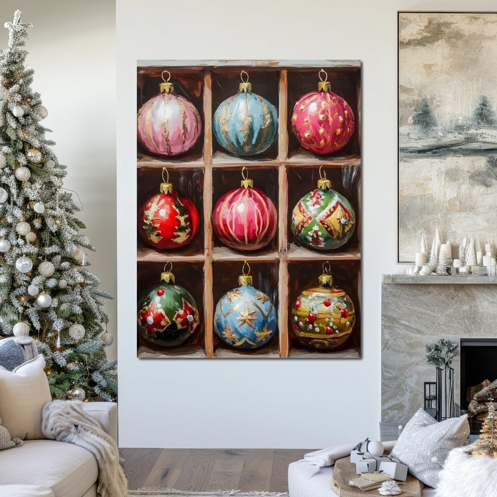 Vintage Christmas Ornaments Grid Canvas Wall Art