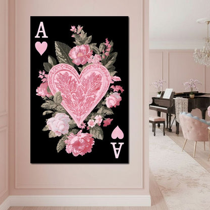 Floral Ace of Hearts Pink Rose Canvas Wall Art