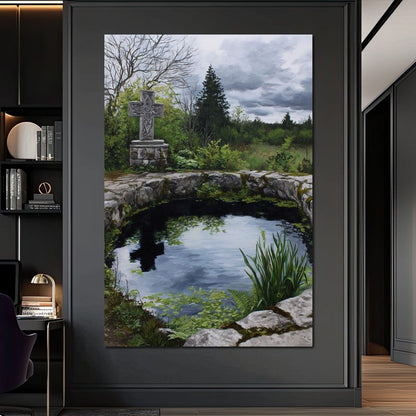 Celtic Cross Garden Pond Sky Canvas Wall Art