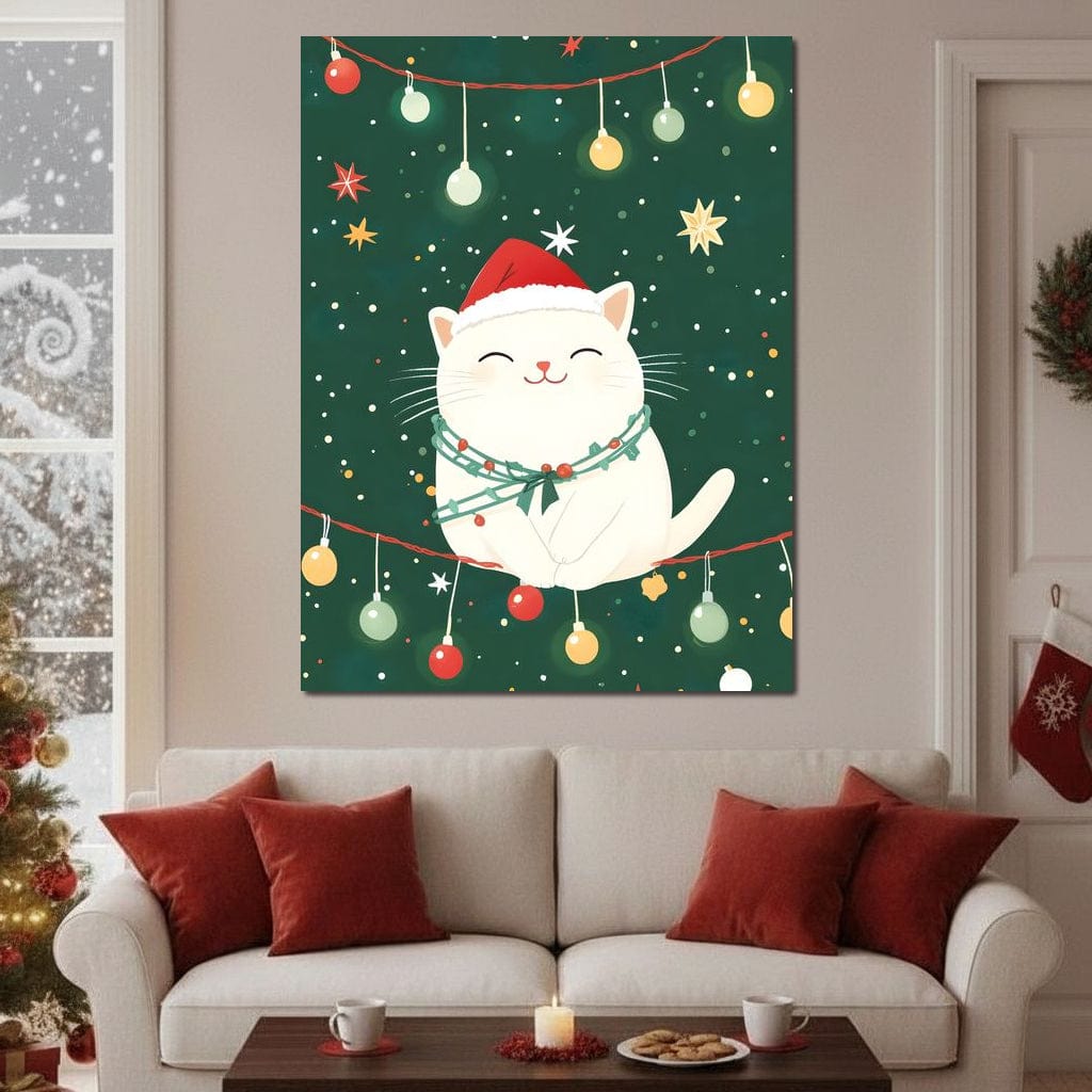Jolly Santa Kitty Holiday Lights Canvas Wall Art