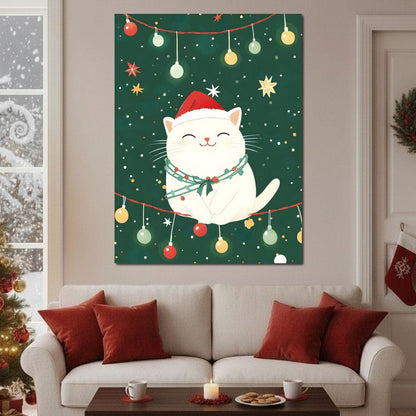 Jolly Santa Kitty Holiday Lights Canvas Wall Art