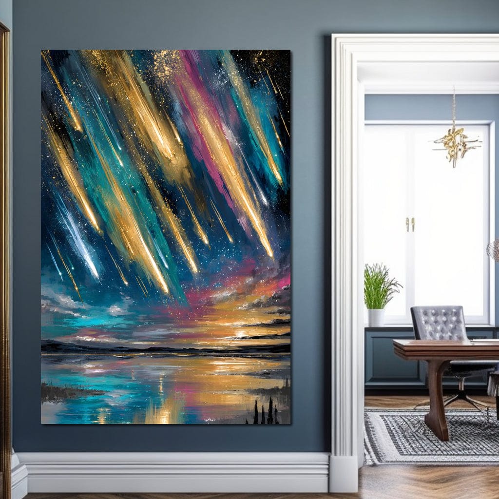 Golden Meteors Over Silent Lake Canvas Wall Art