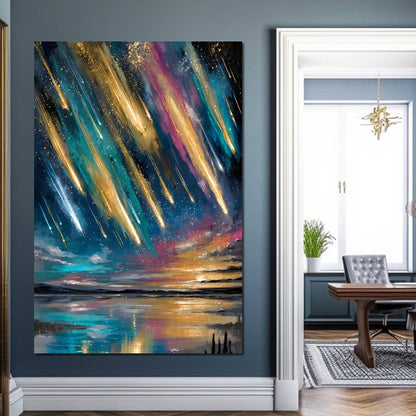Golden Meteors Over Silent Lake Canvas Wall Art
