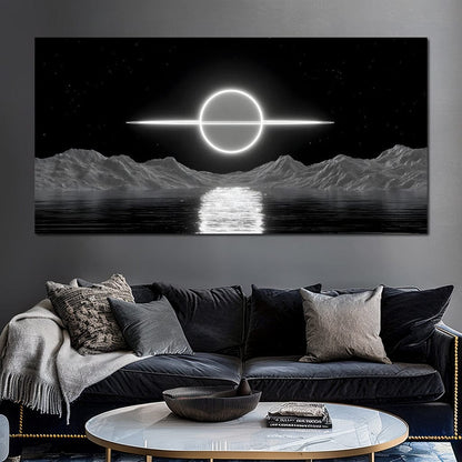 Celestial Orbit Over Silver Sea Canvas Wall Art