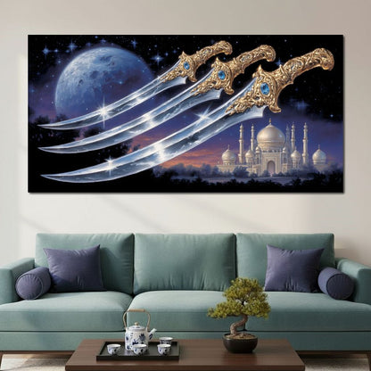 Moonlit Blades Over Golden Palace Canvas Wall Art
